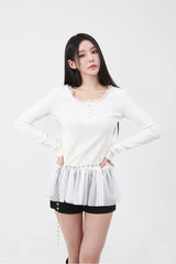 ラウンドネックボタンシャーリングTシャツ