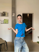 Color Back Strap Round Short Sleeve T-shirt