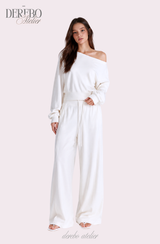 ワッフル アシンメトリカル オフショルダー スウェットパンツ セット (TOP+PANTS SET)