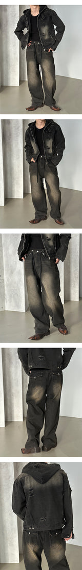 [Unisex] Destroyed denim hood jacket(2color)