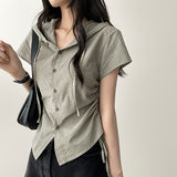 Shirin stripe side string short sleeve hooded blouse cardigan