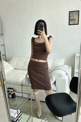 ソフト フラワー フリル トップ アンド ミディスカート セット (IVORY, BROWN 2COLORS!)