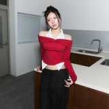 (3rd reorder) shirts layered off shoulder top - red
