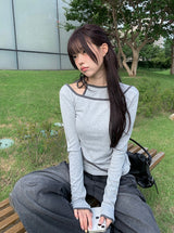 ペンシルレイヤードアンバランスカラーマッチングラインTシャツ
