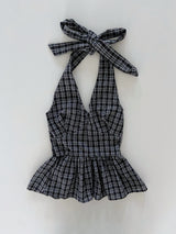 Lower Smoke Banding Hem Frill Check Halter Neck Sleeveless Blouse 2 Colors