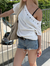 Eyelet off-shoulder t-shirts(3color)