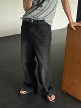 Basic half banding wide denim pants(Black)