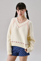 Heart Needle V-neck Knit [Ivory]