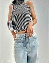(FALL/WINTER KNIT) KNIT STRIPED SEMI-CROPPED LAYERED INNER TURTLE-NECK THICK TANK - 2 COLOR