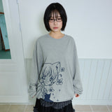 キャットガール & フラワー長袖Tシャツ - グレー