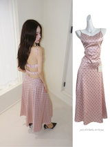 pink silk dot backless skirt two-piece