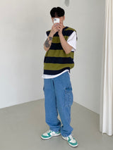 Stripe round neck knit vest 2C
