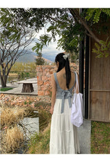 Blue Check Backless Ribbon Sleeveless Tee