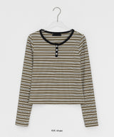 Mibat Stripe Henley Neck Long Sleeve Tee