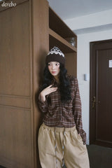 wool cotton shirring checkered long-sleeved shirt