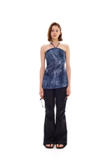 POCKET PRINTING HALTERNECK DRESS / BLUE