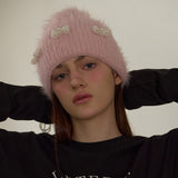 Pearl Ribbon Furry Knit Beanie
