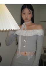 レースリボンリブクロップTシャツ