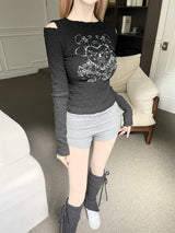  Heart printing shoulder cut-out T (2color)