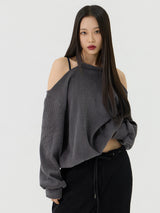 カットアウトホルターネックスウェットロングTシャツ, チャコール