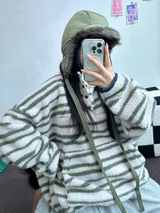 ストライプフリースワンサイドストリングアノラックニットスウェット 💙🩶🧡3COLOR