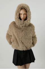 COMELY soft fur crop hoodie jacket [beige]