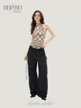 Shphone check holder neck mint-sleeved blouse Top 