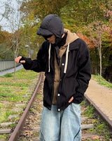 Corduroy layered hoodie jacket (Khaki)