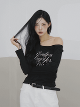 wide neck lettering normal fit long-sleeved T-shirt