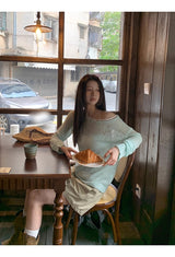 Mint off-shoulder lace long-sleeved see-through knitwear