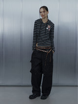 BADGE STRIPE HOODED CARDIGAN / CHARCOAL