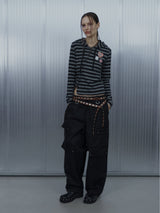 BADGE STRIPE HOODED CARDIGAN / CHARCOAL