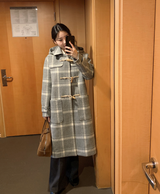 [SHOPPERMADE] アッシュグレーチェックウールロングダッフルコート