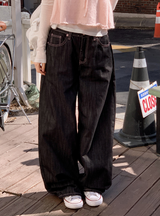 ピンクハートステッチノンフェードデニムワイドパンツ
