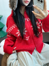 スノーフラワーカラーノルディックツーウェイジッパーニットジップアップ❤🖤🤎🩶🤍5カラー