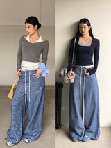 Blue Check Wide Casual Pants