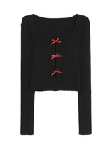 Lace Inner Layered Red Bow Long Sleeve Tee (Lace Inner Set)