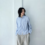 Striped Refreshing Textured Single Pocket Boxy Long Sleeve Shirt