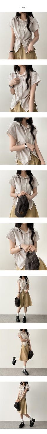 Shirin stripe side string short sleeve hooded blouse cardigan