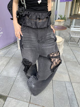 ヴィンテージレースパッチブラックデニムパンツ
