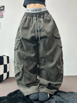 FLEECE/STRING TWO CARGO RIVET WIDE BALLOON LONG PANTS💚🤎🖤🩶4COLOR