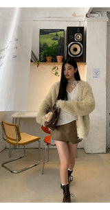 Pearl V-neck loose fit fur cardigan