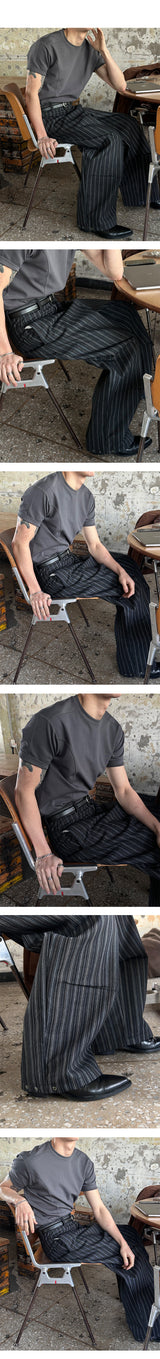 [Unisex] タックストライプワイドデニムパンツ