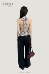Shphone check holder neck mint-sleeved blouse Top 