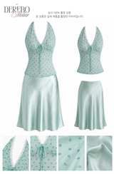 milk mint halter blouse silk skirt two-piece (TOP) 