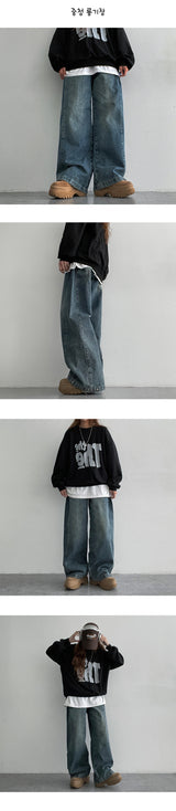 [3-tier length][S–3XL] ケッジウォッシングインシジョンサイドタックワイドデニムパンツ (4 colors)