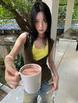 カラーフェイクツーピースレイヤードスリーブレスTシャツ