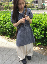 ジモチェックボタンパフ半袖ワンピース