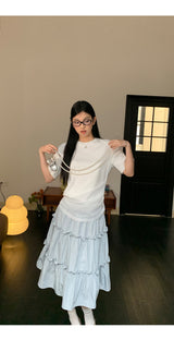 Lace shirring round loose fit short sleeve tee