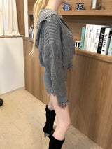 1418. Knit damage hood zip-up (3color)
